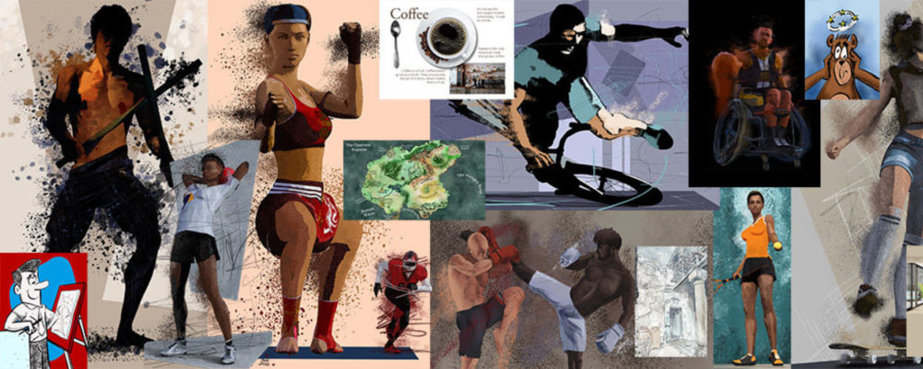 Multiple images of people in activities, hobbies, martial arts and sports.