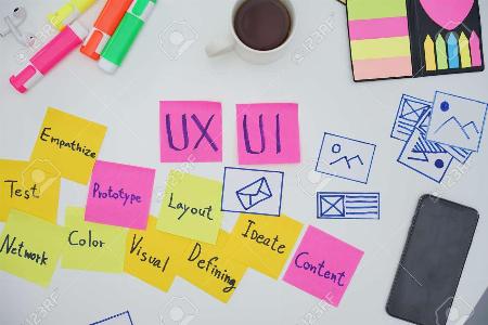 Creative flat lay top view photo of UX designer working space and office supplies on white background. User Experience Design Process concept.