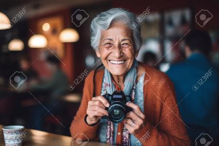 Senior citizen woman having fun with photo camera.