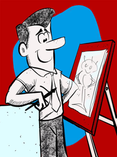 Cartoon male character enjoying his artwork.