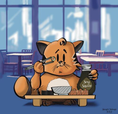 Fat cat eating sushi