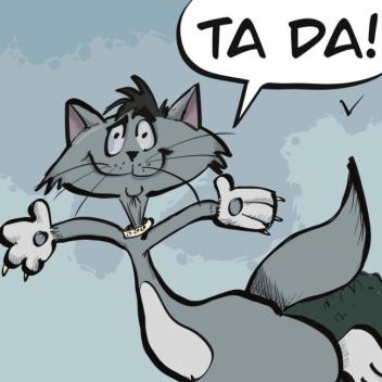 A cartoon cat having fun standing on a ball on one leg.