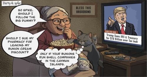 Harry asking Spike her cat if she should be like Trump and sue her Pharmacy for leaking her bunion cream discount.