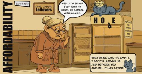 Cartoon about a senior citizen and her cat dealing with affordability.