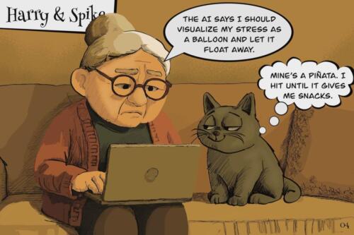 Cartoon of Harry & Spike. Harry is dealing with AI on her computer.