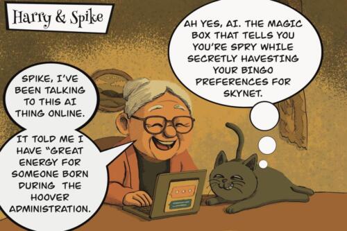 Cartoon of Harry & Spike. Harry is dealing is talking to AI on her computer. She is told she has great energy.