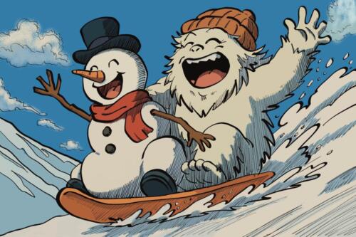 Two friends on a sled going down the snow bank, a snowman and a yeti.