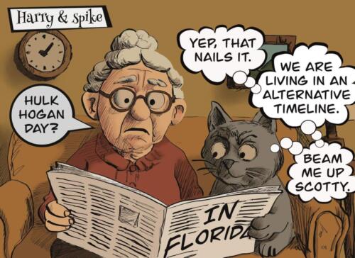 Cartoon of Harry & Spike. Harry is reading the paper about Hulk Hogan.