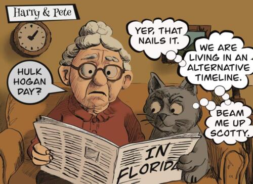 Cartoon of Harry & Spike. Harry is reading the paper about Hulk Hogan.