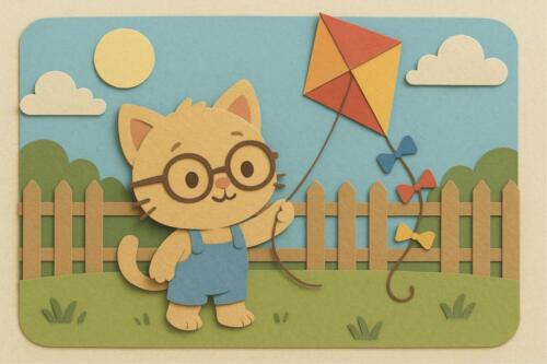 Cartoon Kitty flying a kite.
