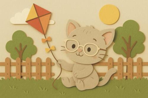 Cartoon Kitty flying a kite.