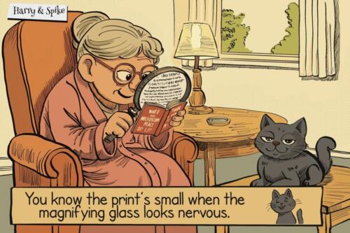 A cartoon about Harry a senior citizen and her cat, Spike. Harry is having trouble reading the small text and has solved the problem. You know the text is small when the magnifying glass is nervous.