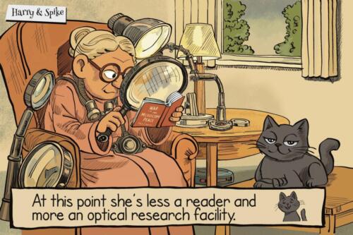 A cartoon about Harry a senior citizen and her cat, Spike. Harry is having trouble reading the small text and has solved the problem. Also she is pretty much her own optical research facitlity.
