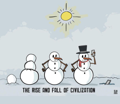 A cartoon of the rise of civilization using snowman cartoons.