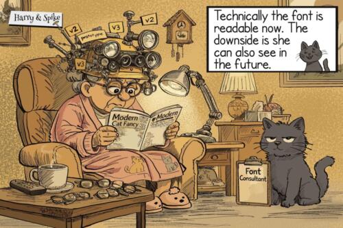 A cartoon about Harry a senior citizen and her cat, Spike. Harry is having trouble reading the small text and has solved the problem. Also she can now see into the future.