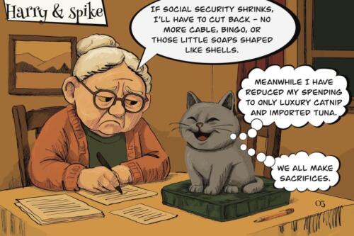 Cartoon of Harry & Spike.  Harry is figuring out what she will have to cut back on.