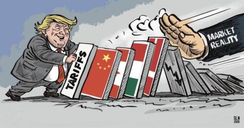 Political cartoon about Trump's tariffs vs market reality.