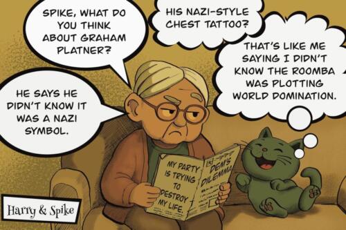 Cartoon about a senior citizen and her cat reading about Graham Platner and his tatoo