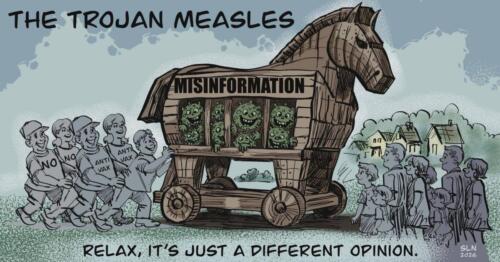 Political cartoon about Measles using the parody of the Trojan horse.
