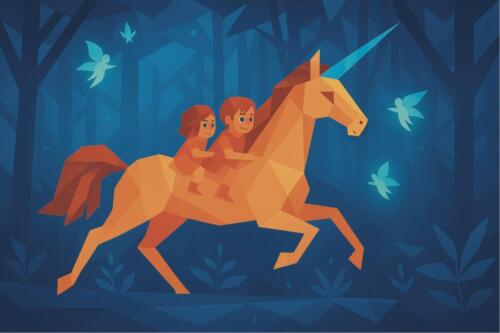 Unicorn galloping in the forest with two children riding on her.
