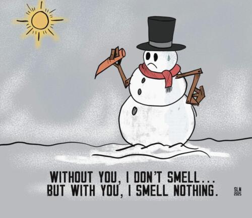 Cartoon snowman, looking at his carrot nose and saying, “Without you, I don't smell...But with you, I smell nothing.”